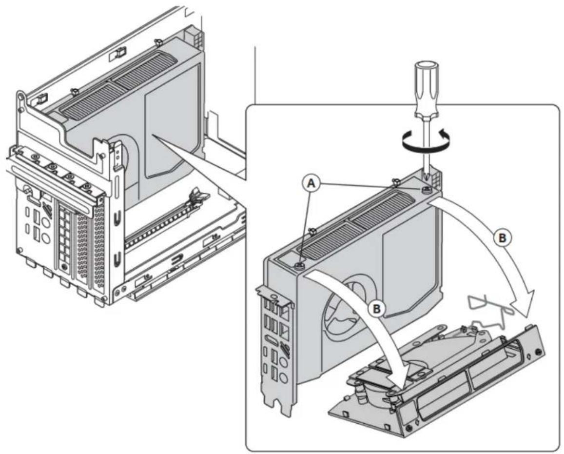 Technical diagram showing installation of a computer drive into a chassis, with labeled components A and B indicating assembly steps.