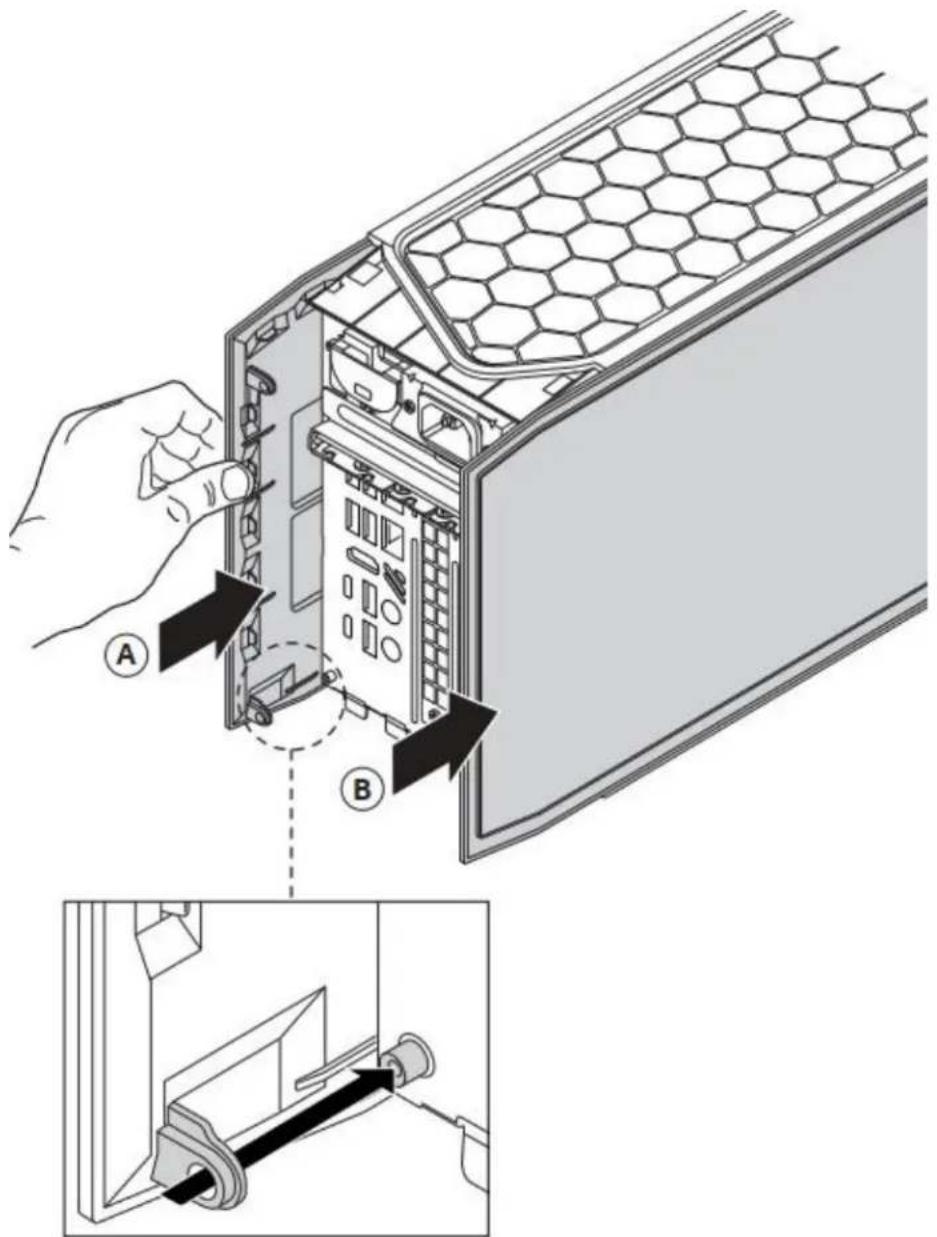 Technical diagram showing a hand inserting a hexagonal mesh device into a rack, with labeled components A and B.