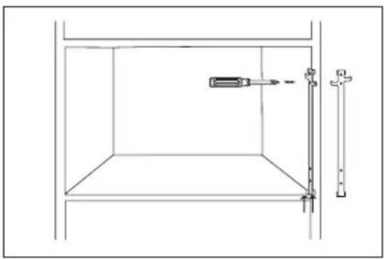 Technical line drawing of a mechanical assembly with a tool and vertical rod (no text or symbols)