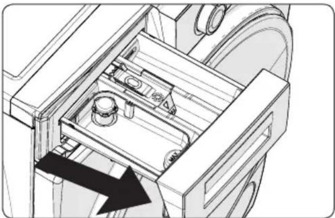 Technical line drawing of a mechanical device interior with internal components and an arrow indicating direction (no text or symbols)