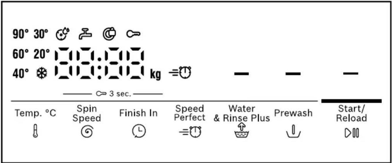90° 30° 60° 20° 40° 88:88 kg ≡① —— 3 sec. — Temp. °C Spin Speed Finish In Speed Perfect Water & Rinse Plus Prewash Start/ Reload ▶▶▶