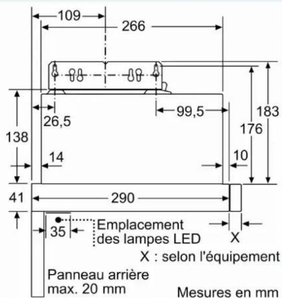 109 266 138 26,5 99,5 183 176 14 10 41 290 35 Emplacement des lampes LED X : selon l'équipement Panneau arrière max. 20 mm Mesures en mm