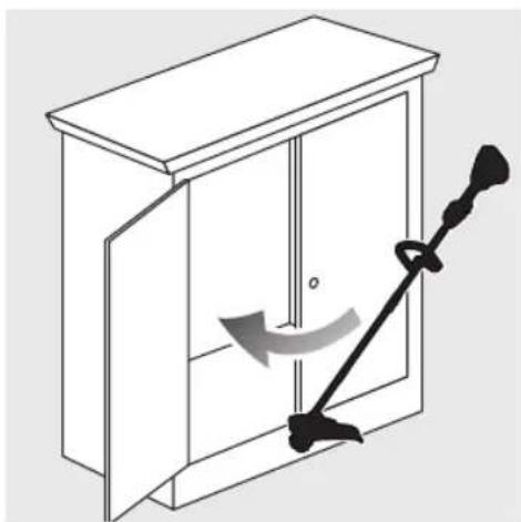 Diagram of a cabinet with a hanging rod and arrow indicating rotation or movement (no text or symbols)