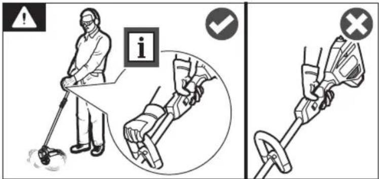 Safety warning illustration showing a person using a walker and a device to ensure inspection or clearance.