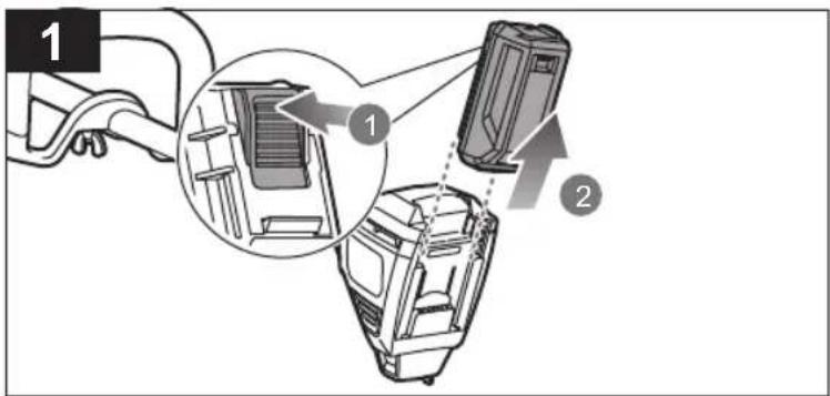 Diagram showing a device with labeled parts, including a zoomed-in section and a device with an upward arrow.