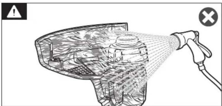 Illustration of a hand spraying water from a handheld device with warning symbol (no text or labels)