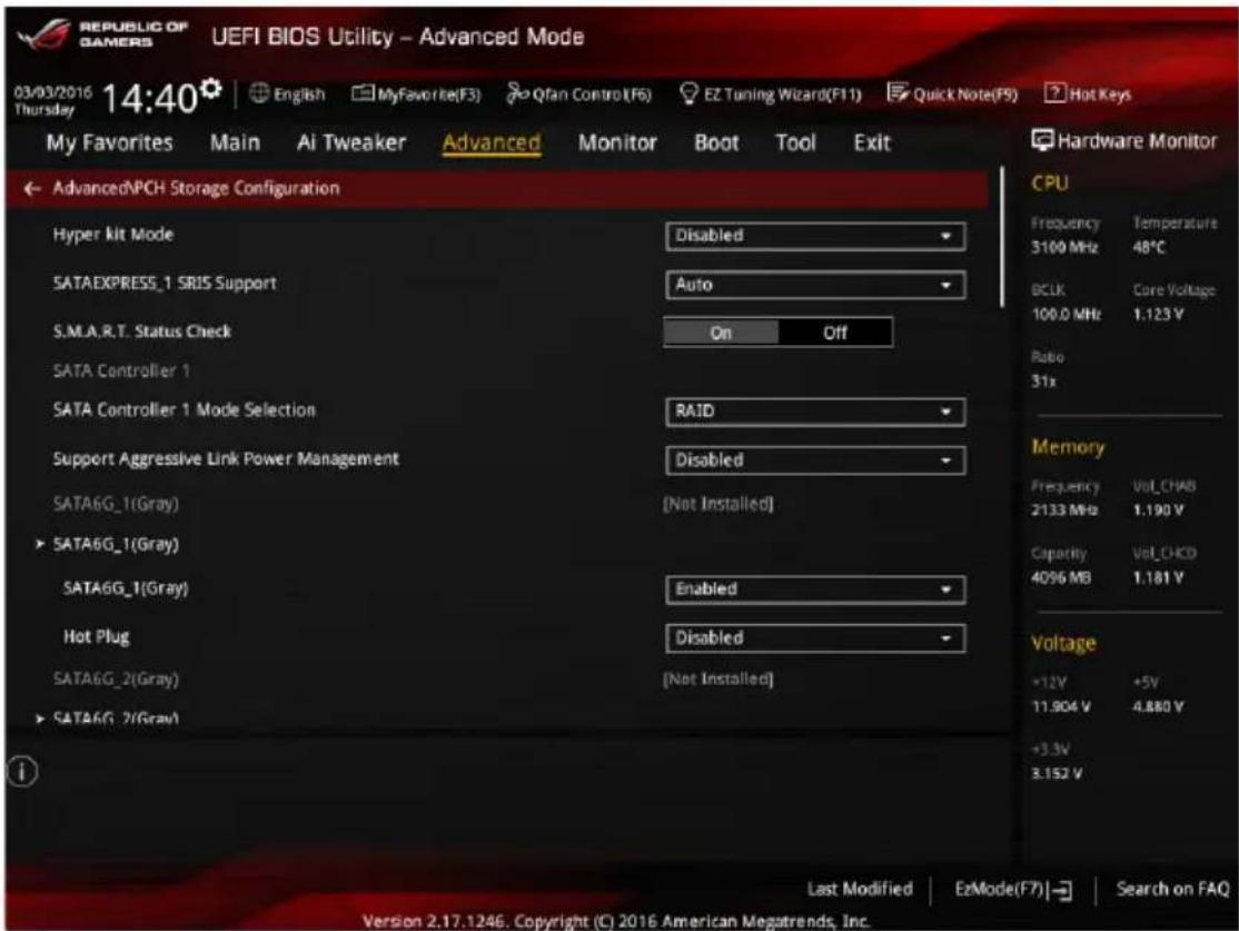 REPUBLIC OF GAMERS UEFI BIOS Utility - Advanced Mode 03/03/2016 14:40 English MyFavorite(F3) Qfan Control(F6) EZ Tuning Wizard(F11) Quick Note(F9) Hot Keys My Favorites Main Ai Tweaker Advanced Monitor Boot Tool Exit AdvancedNPCH Storage Configuration Hyper kit Mode Disabled SATAEXPRESS_1 SRIS Suppo…