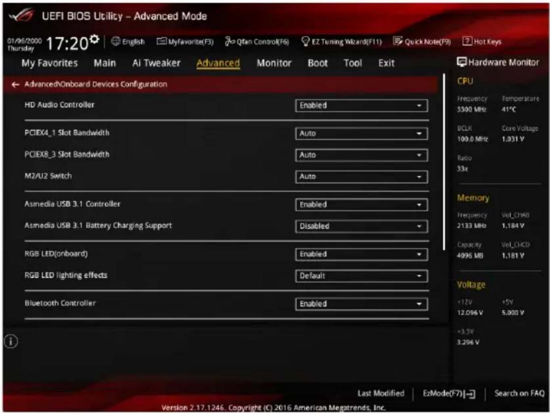 UEFI BIOS Utility - Advanced Mode 01/06/2000 17:20 English MyFavorite(F3) Qfan Control(F6) EZ Tuning Wizard(F11) Quick Note(F9) Hot Keys My Favorites Main AI Tweaker Advanced Monitor Boot Tool Exit AdvancedOnboard Devices Configuration HD Audio Controller Enabled PCIEX4_1 Slot Bandwidth Auto PCIEX8_…