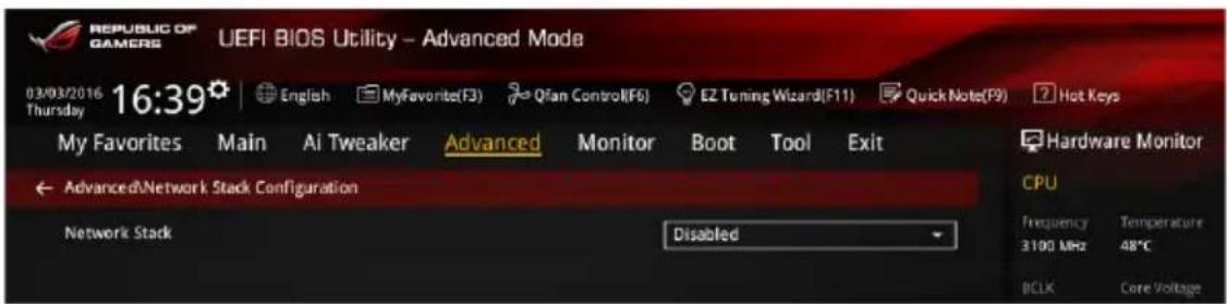 REPUBLIC OF GAMERS UEFI BIOS Utility - Advanced Mode 03/03/2016 16:39 English MyFavorite(F3) Qfan Control(F6) E2 Tuning Wizard(F11) Quick Note(F9) Hot Keys Thursday My Favorites Main Ai Tweaker Advanced Monitor Boot Tool Exit AdvancedNetwork Stack Configuration Network Stack Disabled Hardware Monito…