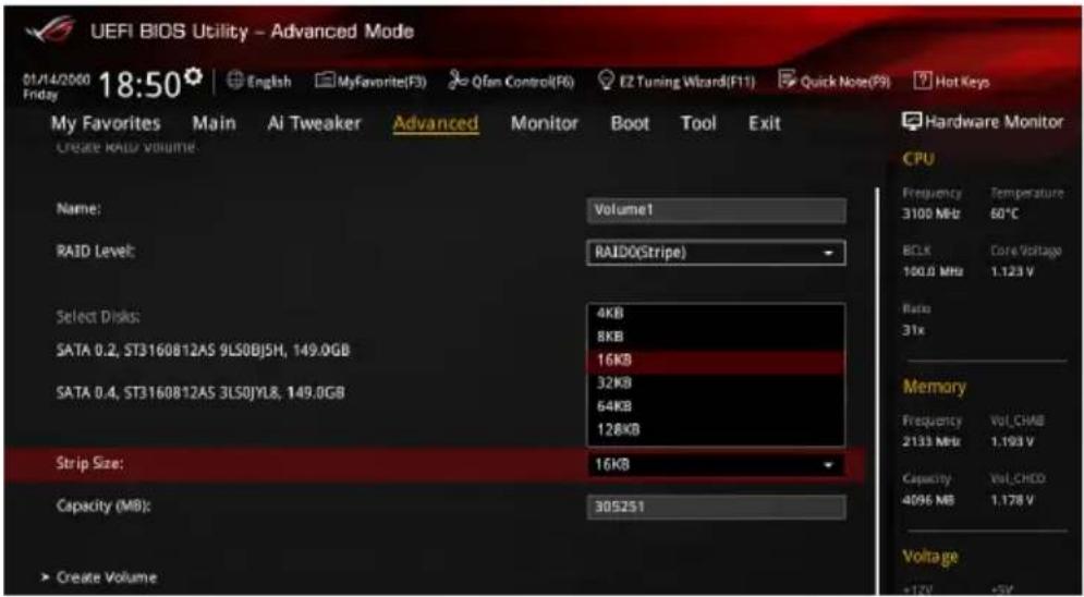 UEFI BIOS Utility - Advanced Mode 01/14/2000 18:50 English MyFavorite(F3) Qfan Control(F6) EZ Tuning Wizard(F11) Quick Note(F9) Hot Keys My Favorites Main Ai Tweaker Advanced Monitor Boot Tool Exit Create RAID Volume Name: Volume1 RAID Level: RAUDO(Stripe) Select Disks: 4KB SATA 0.2, ST3160812AS 9LS…