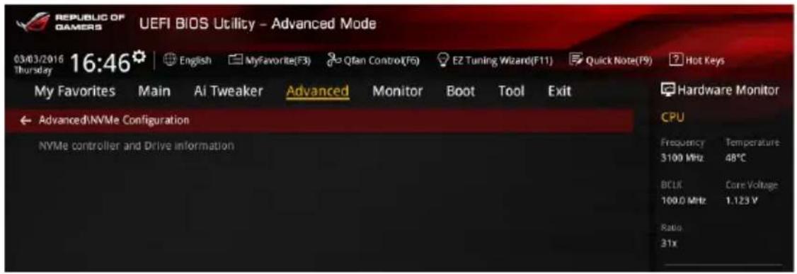 REPUBLIC OF GAMERS UEFI BIOS Utility - Advanced Mode 03/03/2016 16:46 English MyFavorite(F3) Qtan Control(F6) EZ Tuning Wizard(F11) Quick Note(F9) Hot Keys My Favorites Main Ai Tweaker Advanced Monitor Boot Tool Exit Advanced\NVMe Configuration NVMe controller and Drive information Hardware Monitor…