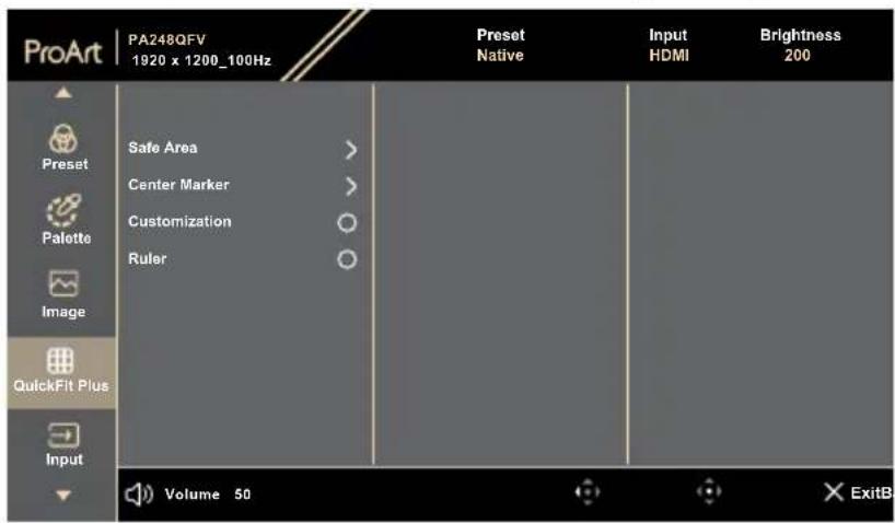 ProArt PA248QFV 1920 x 1200_100Hz Preset Native Input HDMI Brightness 200 Safe Area > Center Marker > Customization ○ Ruler ○ Volume 50 ExitB