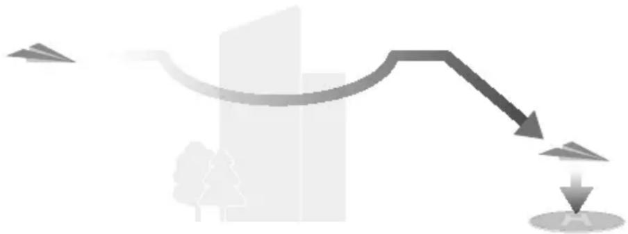 Abstract diagram with curved arrow and downward arrow, no text or symbols present