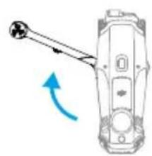 Diagram of a handheld device with a blue arrow indicating rotation or movement (no text or symbols)