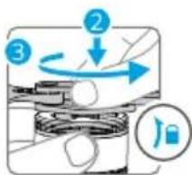 Diagram illustrating a mechanical or fluidic process with labeled steps 1, 2, and 3, showing directional flow and a magnified inset of a device.