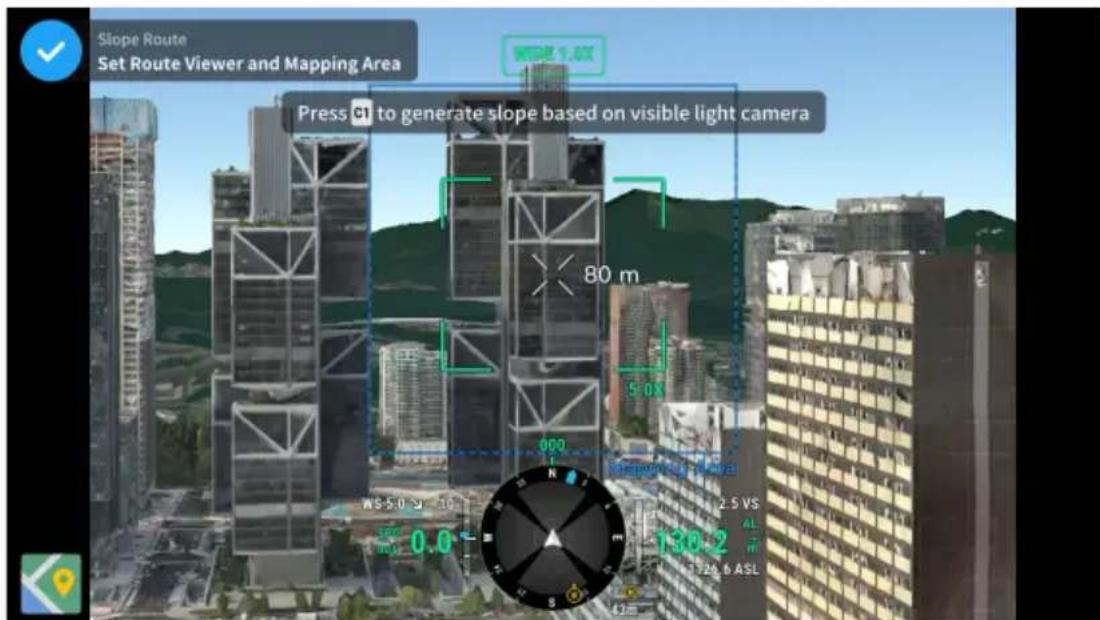 Slope Route Set Route Viewer and Mapping Area Press C1 to generate slope based on visible light camera 80 m 5.0X 2.5 VS AL ASL 130.2 42.6
