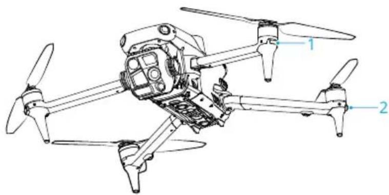 Technical line drawing of a quadcopter drone with labeled components