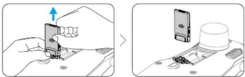 Diagram showing a hand inserting a device into a device with an arrow indicating the process, alongside a close-up of the device's internal structure.