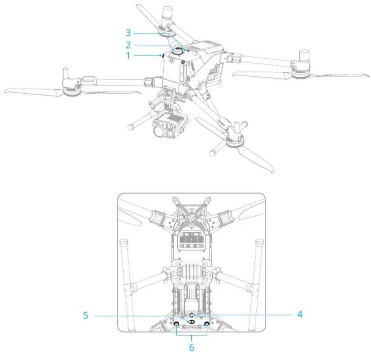 Technical diagram of a quadcopter drone with numbered parts and exploded view, showing internal components and structural details.