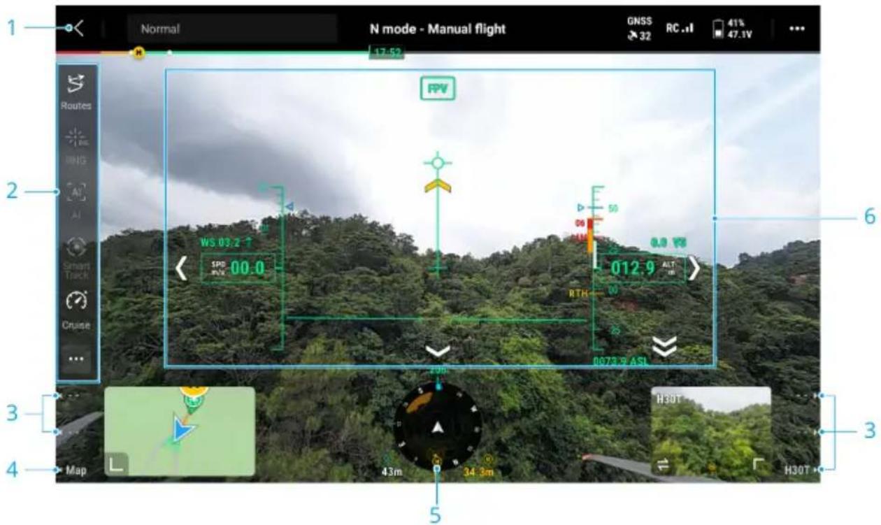 Normal N mode - Manual flight GNSS 32 RC .11 41% 47.1V ... 17:52 FPV 2 WS 03.2 ↑ SPG 00.0 0.0 V 012.9 ALT RTH 0073.9 ASL 3 Map 43m 34.3m H30T H30T 6 3