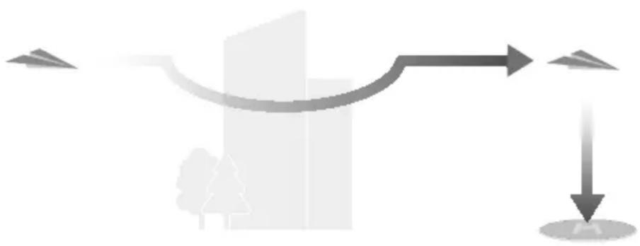 Abstract diagram with curved arrow and downward arrow, no text or symbols present