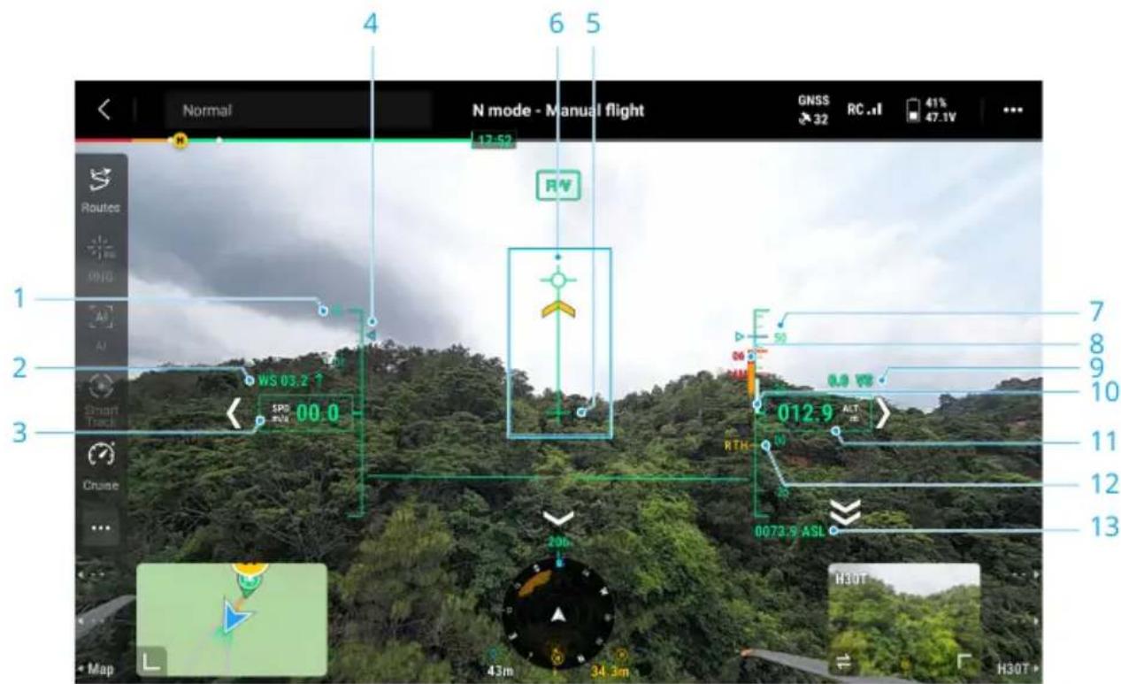 Normal N mode - Manual flight GNSS 32 RC .1 41% 47.1V 17:52 RV 1 2 3 WS 03.2 ↑ SPS 00.0 00.0 012.9 ALT RTH 0073.9 ASL 7 8 9 10 11 12 13 Route PNG AI AI Smart Track Cruise ... Map 43m 34.3m H30T H30T+