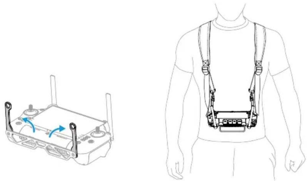 Line drawing of a drone device with attached harness and body support system, shown in two views: top shows antenna wiring (no text or symbols)