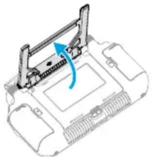 Technical line drawing of a mechanical device with a blue arrow indicating rotation or movement (no text or symbols)