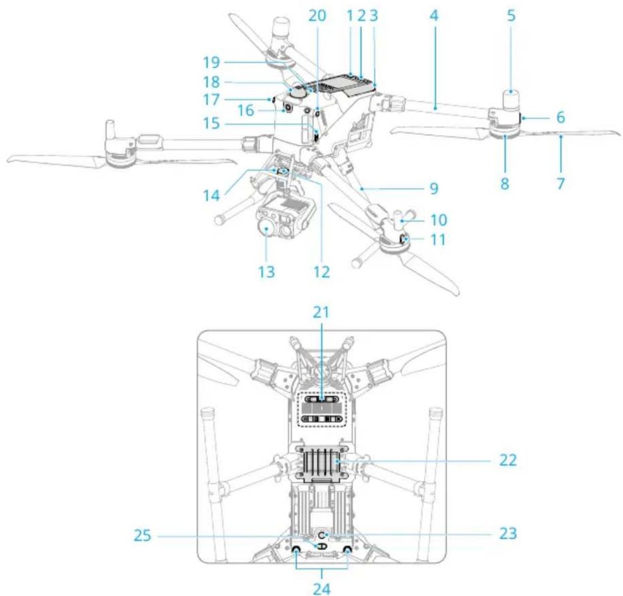 Technical diagram of a quadcopter drone with numbered parts for identification and assembly reference.