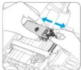 Mechanical assembly diagram showing a lever mechanism with blue arrows indicating direction (no text or symbols present)