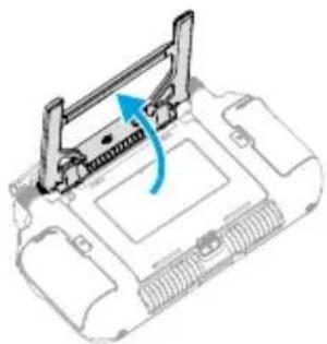 Technical line drawing of a mechanical device with a blue arrow indicating rotation or movement (no text or symbols)