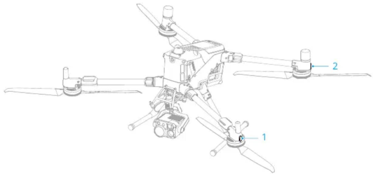 Technical line drawing of a quadcopter drone with labeled parts 1 and 2