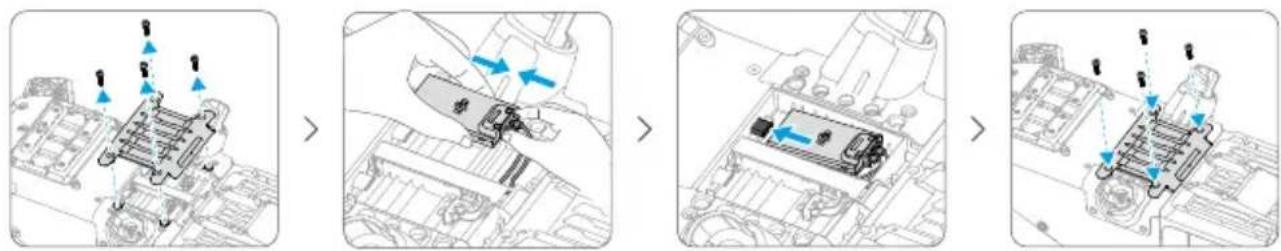 Technical diagram showing four sequential steps of a mechanical assembly with blue arrows indicating motion or force vectors.