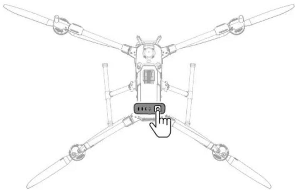 Line drawing of a four-blade drone with a hand cursor pointing to the center (no text or symbols)