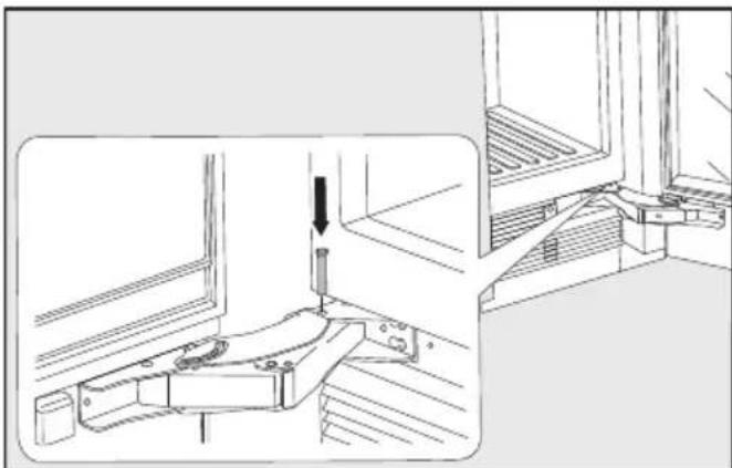 Technical line drawing of a mechanical assembly with a close-up inset showing a tool inserted into a component (no text or symbols present)