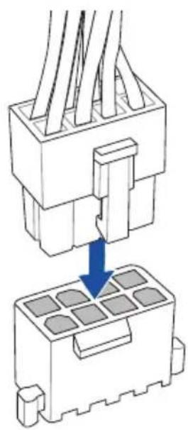 Diagram showing a connector assembly with a blue arrow indicating the process (no text or symbols present)