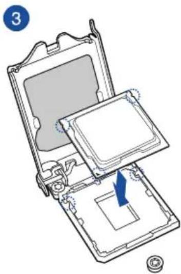 Diagram of a computer case with an open lid and internal components, showing a blue arrow indicating a specific area (no text or symbols present)