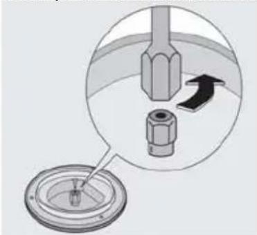 Mechanical assembly diagram showing a tool interacting with a bolt and a base component, with no visible text or symbols.