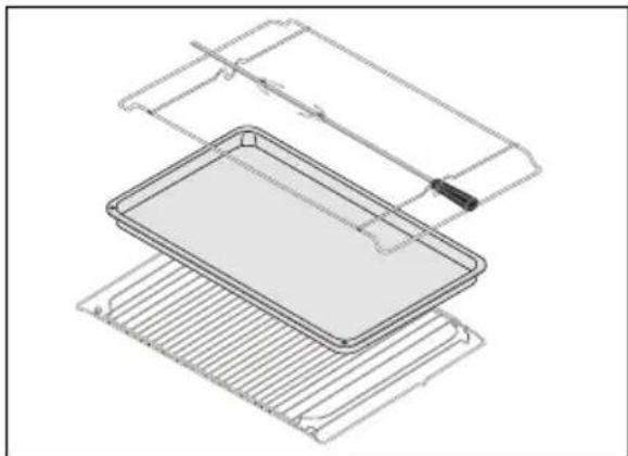 Technical line drawing of a rectangular tray with internal components and a handle, placed on a grid-patterned base (no text or symbols)