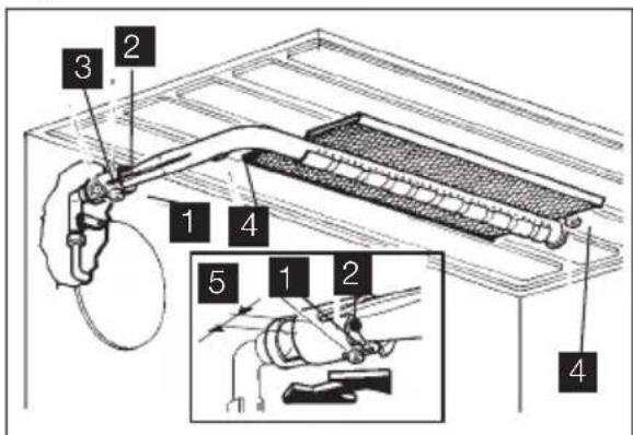 Technical diagram of a mechanical device with numbered components and an inset showing a close-up of a tool or component.
