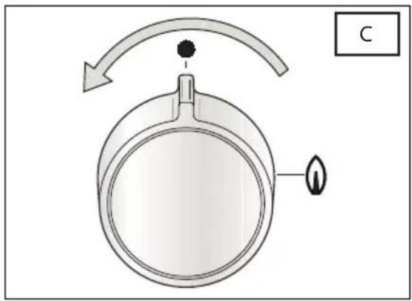 Diagram of a circular device with a knob and a flame, showing airflow direction (no text or symbols)