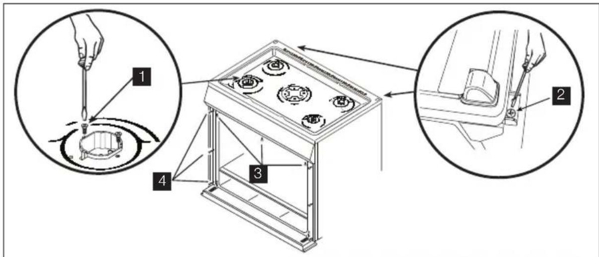 Technical diagram showing a mechanical assembly with numbered components and tool application steps