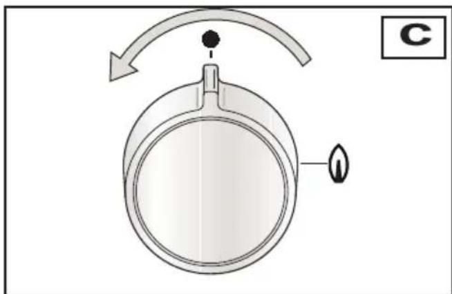 Diagram of a circular device with a flame and arrow indicating rotation, no text or symbols present