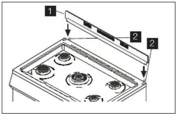 Diagram of a kitchen appliance with labeled parts, showing a pan with four burners and a lid with two outlets.