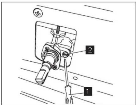 Technical diagram of a mechanical assembly with labeled parts 1 and 2, showing tool and component connections.