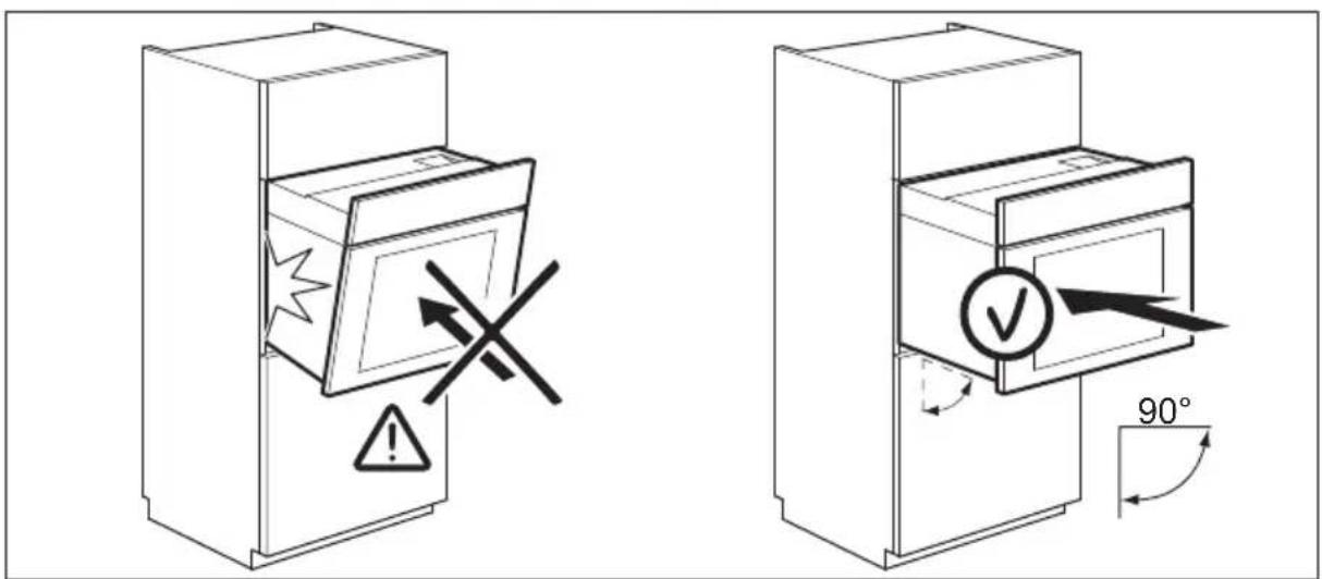Technical diagram showing two mechanical device configurations with warning symbols and angular measurement of 90°