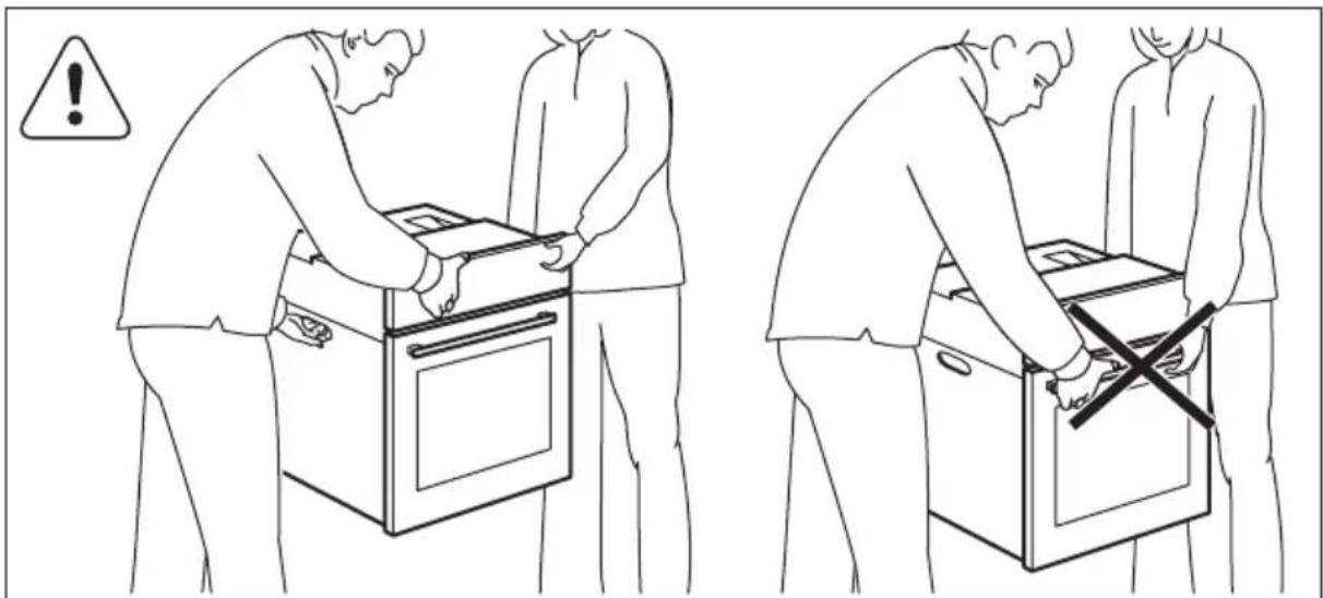Illustration showing two scenarios of a person removing or removing a refrigerator, with warning symbols and a crossed-out box indicating the absence.