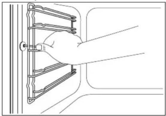 Line drawing of a hand installing or adjusting a wall-mounted shelf panel (no text or symbols)