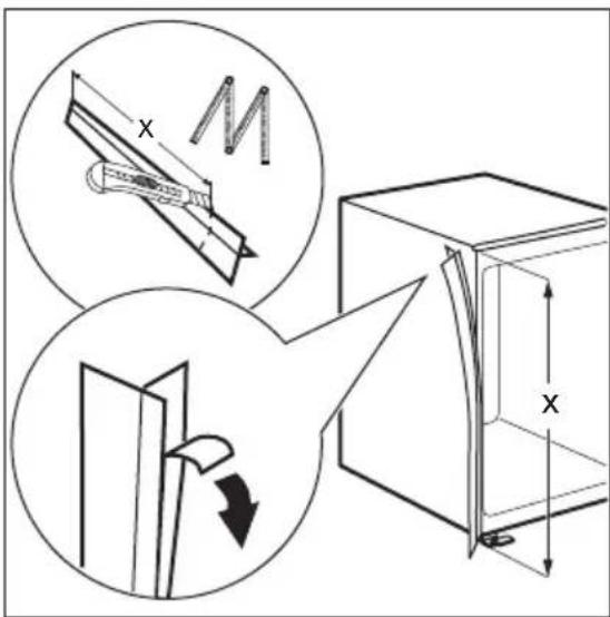 Technical diagram illustrating a door mechanism with labeled parts and directional arrows indicating movement or assembly.