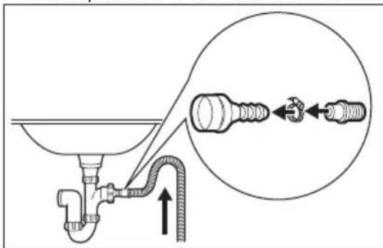 Diagram showing a pipe connection to a sink with a magnified inset illustrating the connector mechanism.
